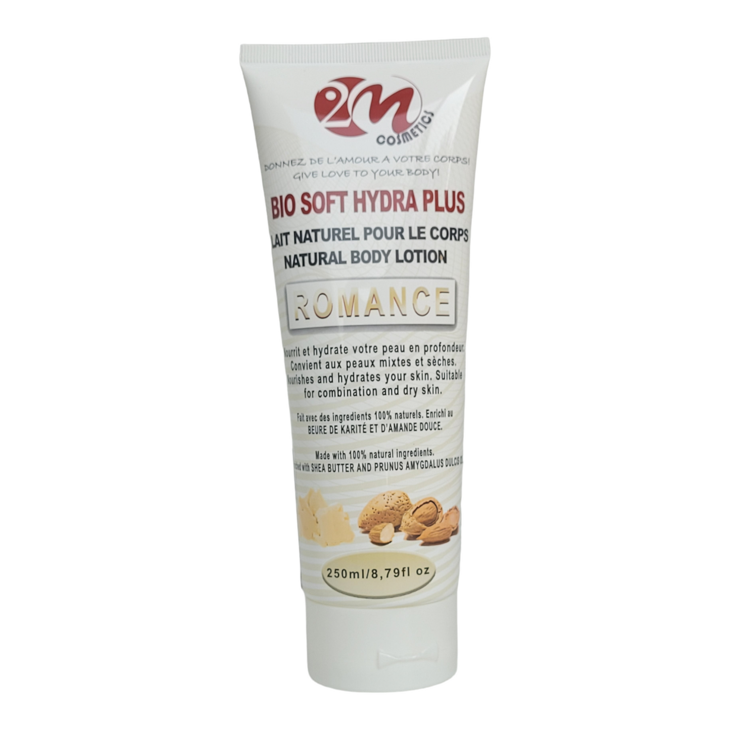 Lait corporel BIO SOFT HYDRA PLUS ROMANCE enrichi au KARITÉ et AMANDE DOUCE 250 ml : "Offrez à votre peau une douceur envoûtante. Formule luxueuse et 100% naturelle pour une hydratation intense et une peau parfaitement nourrie"